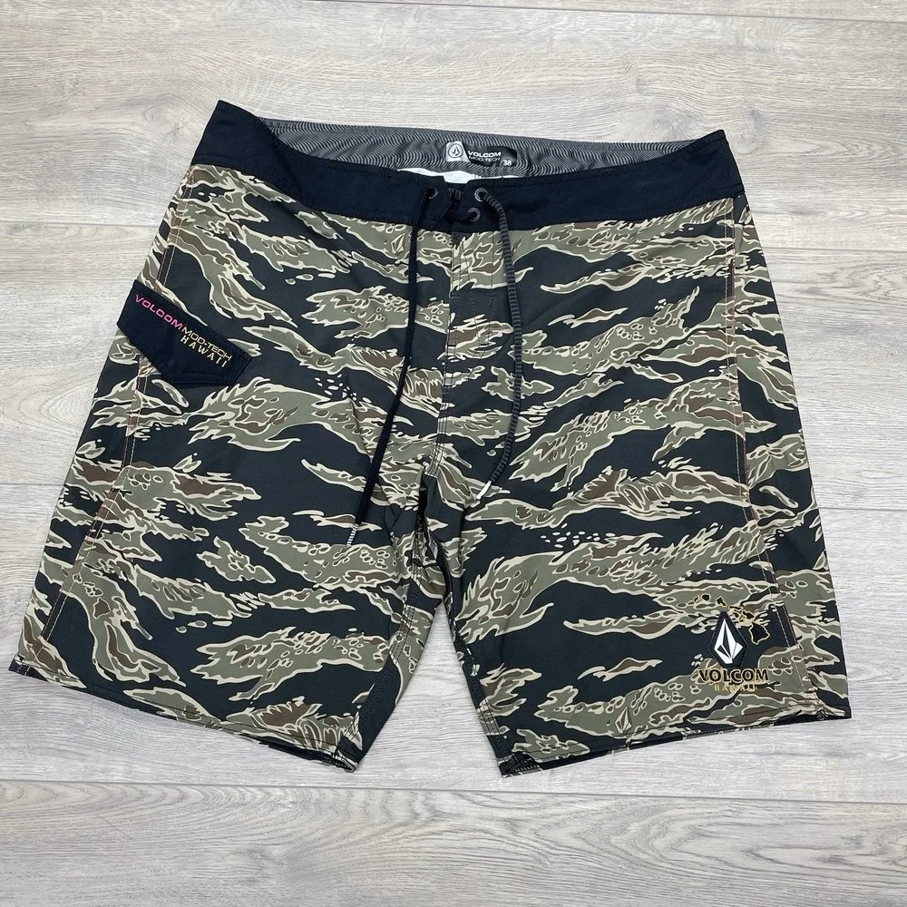 Volcom Mod Tech Hawaii Tiger Stripe Camo Board Shorts Men Sz 38 Surf Skate Beach